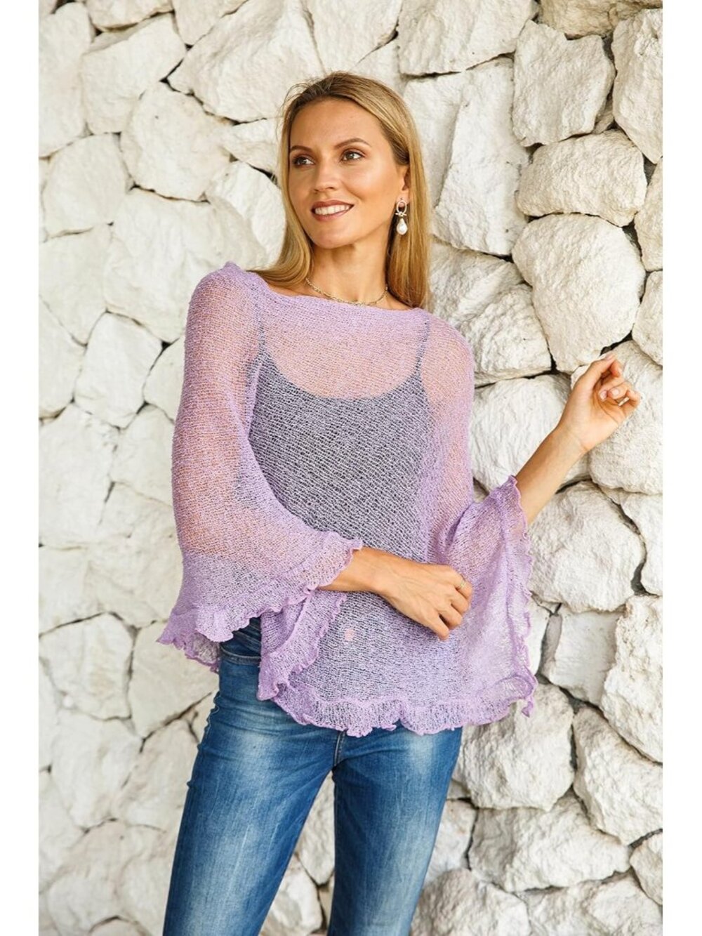 Women’s Lavender Sheer Knit Poncho Shrug Lightweight Asymmetrical Ruffle Wraps - Picture 2 of 6